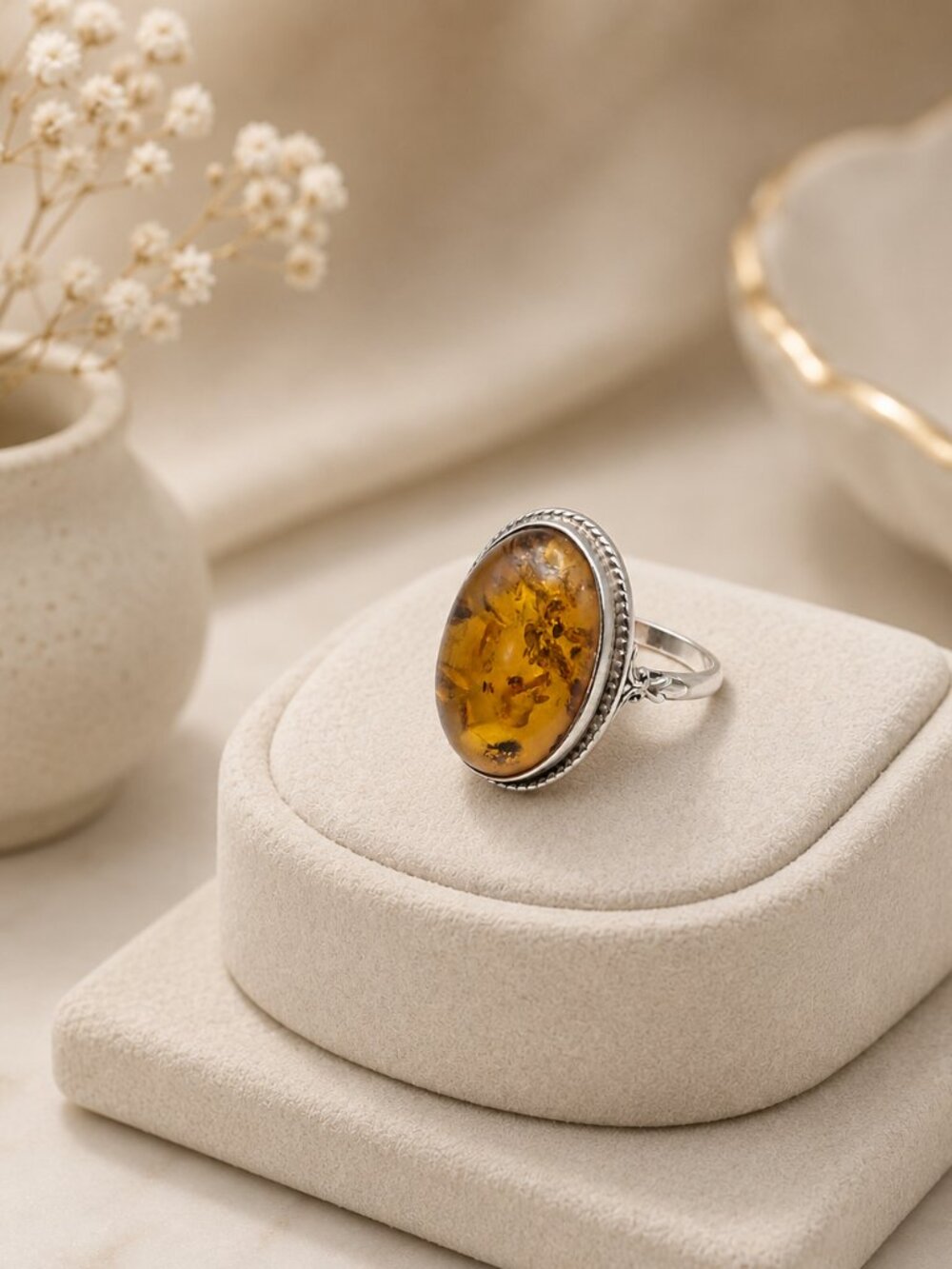 Vintage Sterling Silver Honey Amber Oval Cocktail Ring Warm Yellow Jewelry 90s